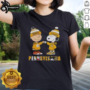 Pretty Charlie Brown fist bump with Snoopy celebrating Pittsburgh Steelers and Penguins on a ladies tee in Pennsylvania.