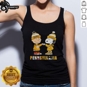 Pretty Charlie Brown fist bump with Snoopy, showcasing Pittsburgh Steelers and Penguins spirit on a tank top.