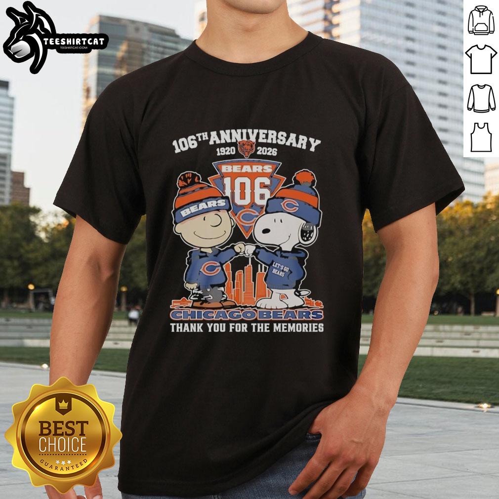 Alt Text: Pretty Chicago Bears outfit featuring Snoopy and Charlie Brown 106th Anniversary 1920-2026 T-shirt design.