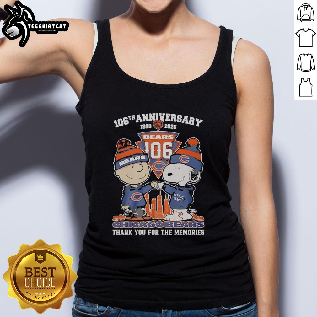 Alt Text: Stylish Chicago Bears outfit featuring Snoopy and Charlie Brown tank top for the 106th Anniversary 1920-2026.