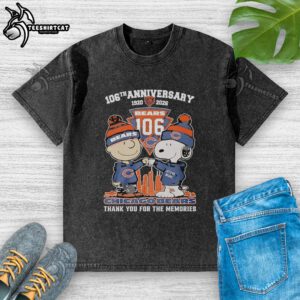 Alt Text: Chic Chicago Bears outfit featuring a Snoopy and Charlie Brown graphic on a 106th Anniversary washed t-shirt.