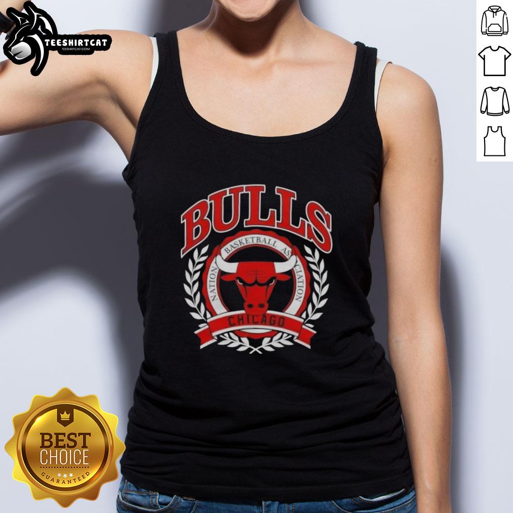 Alt Text: Stylish tank top featuring the Chicago Bulls National Basketball Association crest, perfect for basketball fans.