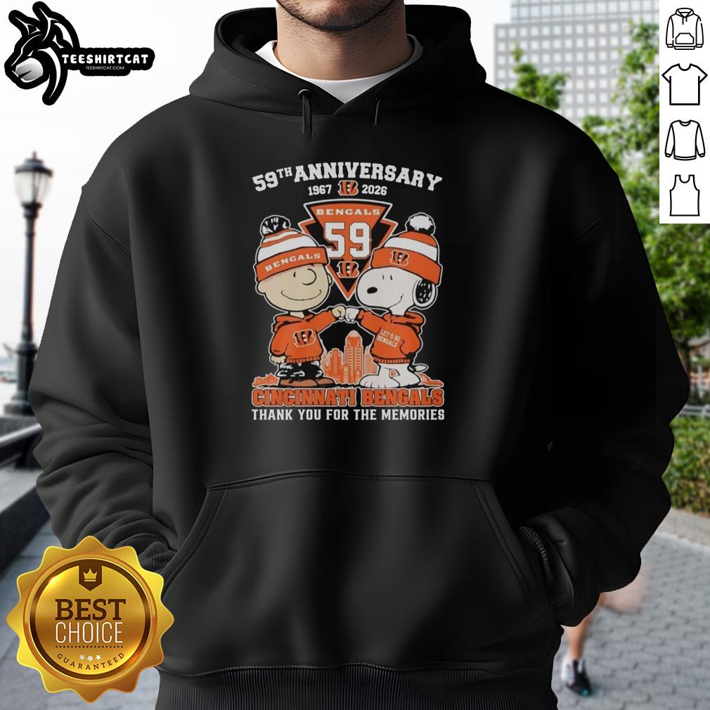 Alt Text: Stylish Cincinnati Bengals outfit featuring Snoopy and Charlie Brown hoodie for the 59th Anniversary (1967-2026).