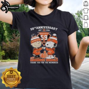 Alt Text: Stylish Cincinnati Bengals outfit featuring Snoopy and Charlie Brown, celebrating their 59th anniversary (1967-2026).