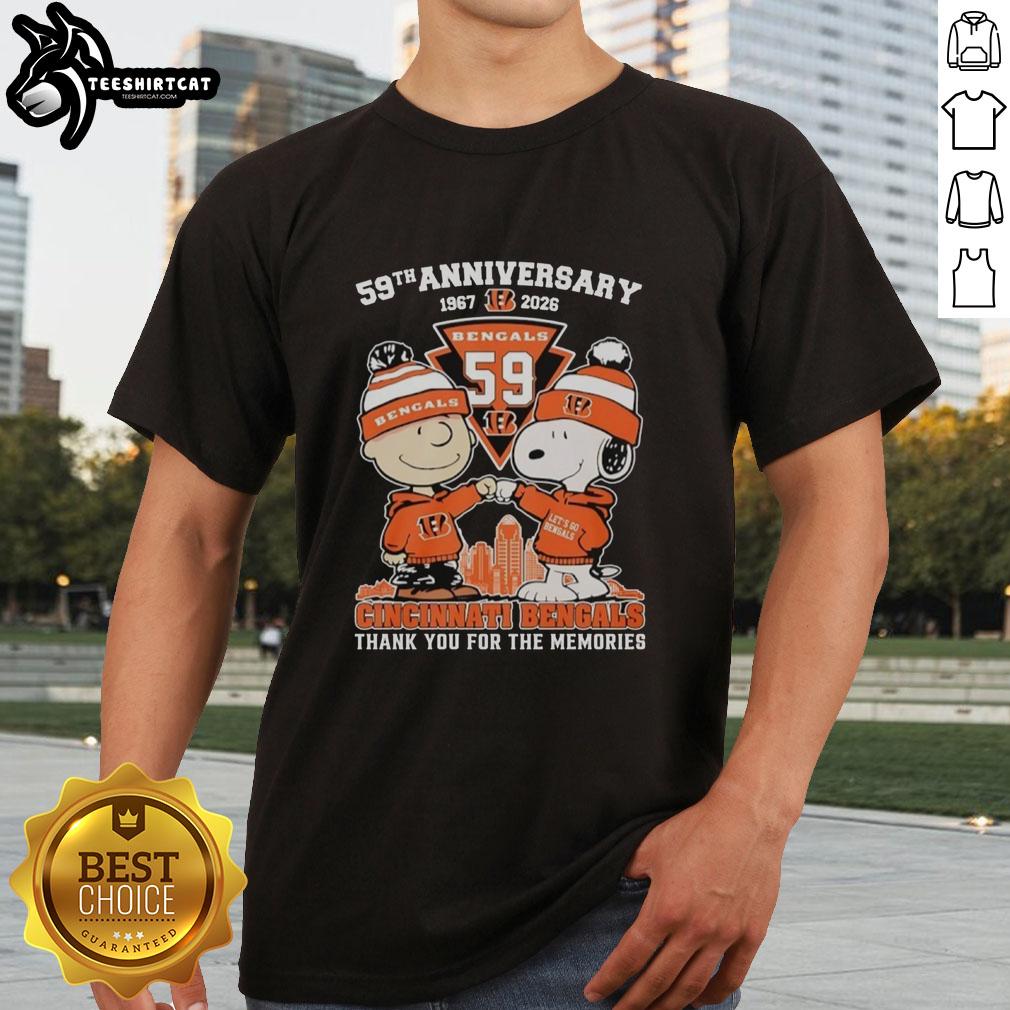 Alt Text: Cincinnati Bengals outfit featuring a Snoopy and Charlie Brown 59th Anniversary T-shirt, celebrating 1967-2026.