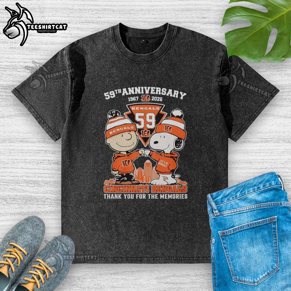 Alt Text: Stylish Cincinnati Bengals outfit featuring Snoopy and Charlie Brown, celebrating their 59th anniversary, 1967-2026.