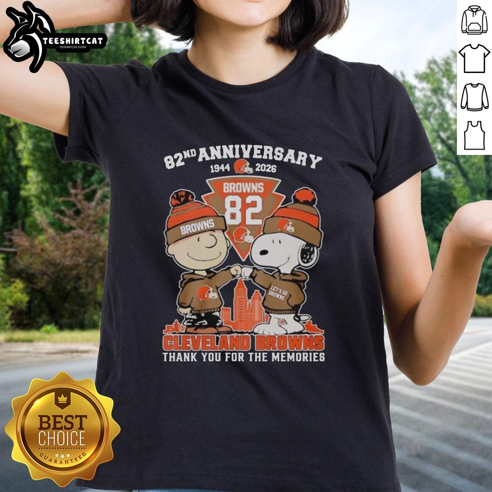 Alt Text: Stylish Cleveland Browns outfit featuring Snoopy and Charlie Brown tee, celebrating their 82nd anniversary (1944-2026).