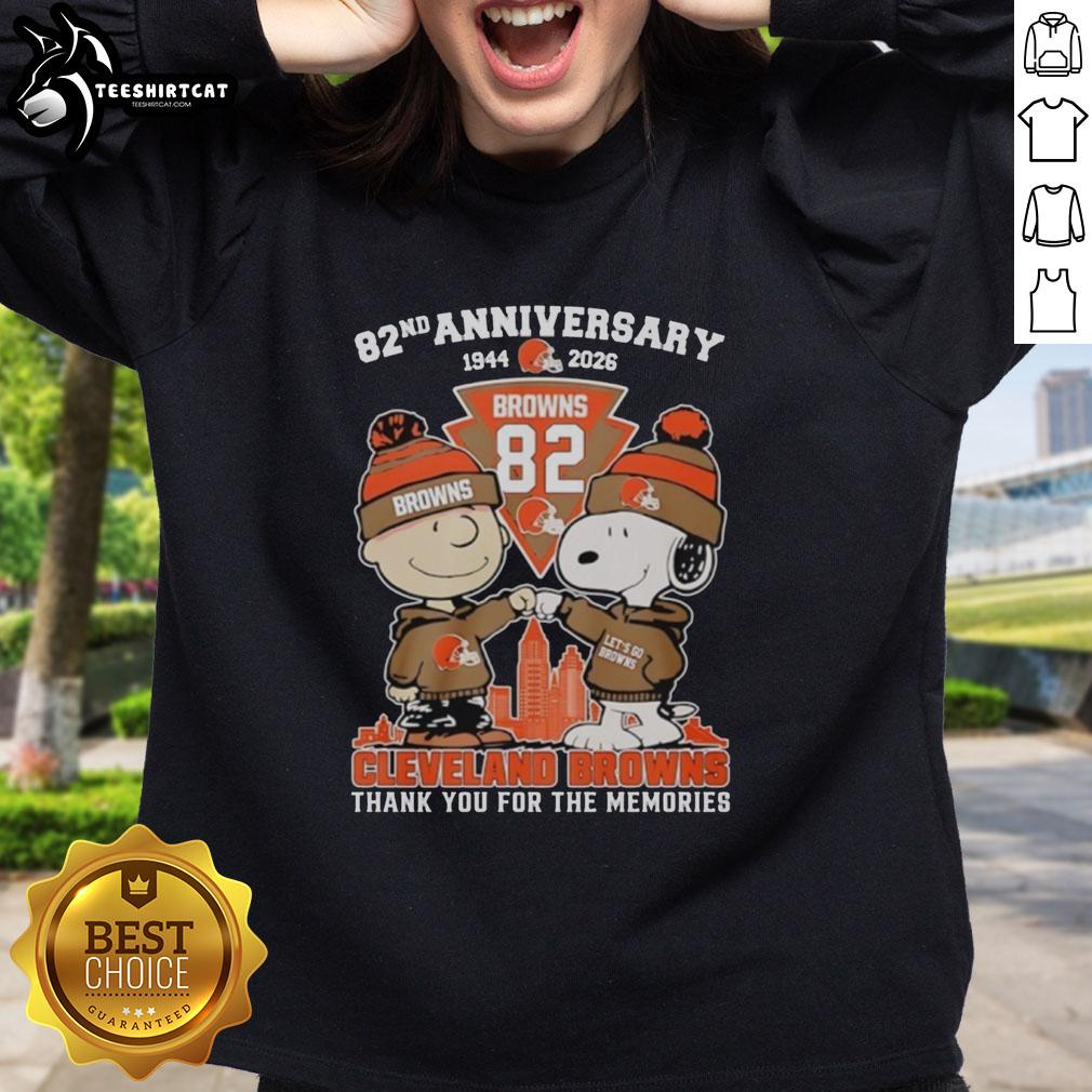 Pretty Cleveland Browns outfit featuring Snoopy and Charlie Brown sweatshirt for the 82nd anniversary 1944-2026.
