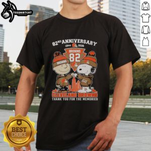 Alt Text: Stylish Cleveland Browns outfit featuring Snoopy and Charlie Brown 82nd Anniversary T-shirt, celebrating 1944-2026.