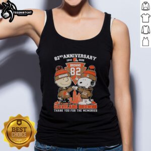 Stylish Cleveland Browns outfit featuring a Snoopy and Charlie Brown tank top for the 82nd anniversary (1944-2026).