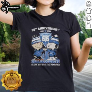 Pretty Dallas Cowboys outfit featuring Snoopy and Charlie Brown for their 66th anniversary ladies tee, 1960-2026.