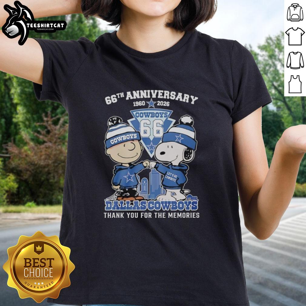 Pretty Dallas Cowboys outfit featuring Snoopy and Charlie Brown for their 66th anniversary ladies tee, 1960-2026.