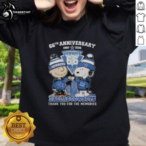 Alt Text: Stylish Dallas Cowboys outfit featuring a Snoopy and Charlie Brown sweatshirt for the 66th anniversary (1960-2026).