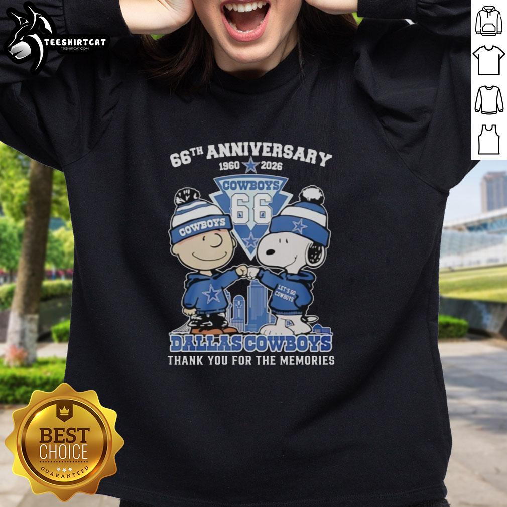 Alt Text: Stylish Dallas Cowboys outfit featuring a Snoopy and Charlie Brown sweatshirt for the 66th anniversary (1960-2026).