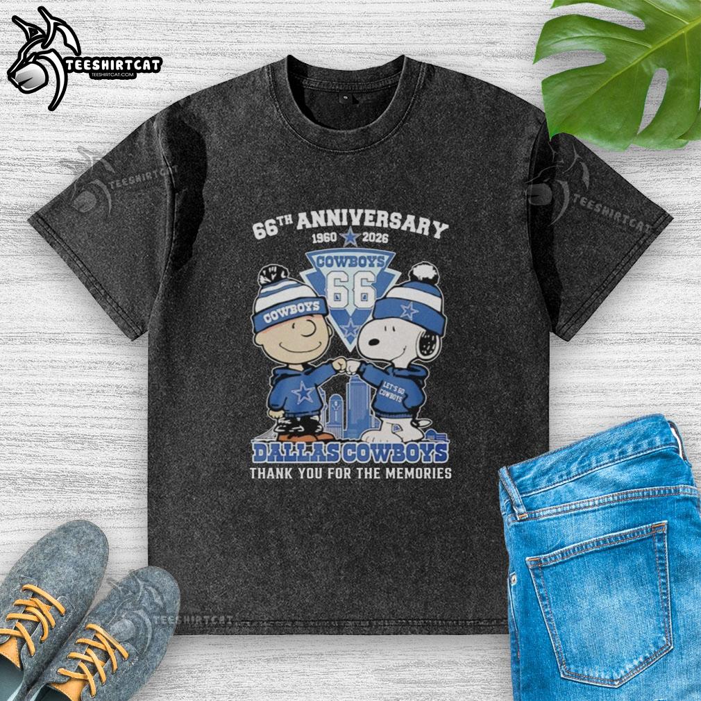 Alt Text: Stylish Dallas Cowboys outfit featuring Snoopy and Charlie Brown 66th Anniversary washed t-shirt, perfect for fans.