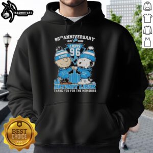 Alt Text: Stylish Detroit Lions outfit featuring a Snoopy and Charlie Brown hoodie, celebrating the 96th anniversary (1930-2026).