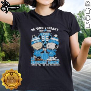 Alt Text: Stylish Detroit Lions outfit featuring Snoopy and Charlie Brown for their 96th anniversary, perfect ladies' tee.