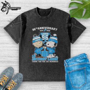 Pretty Detroit Lions outfit featuring Snoopy and Charlie Brown 96th anniversary washed t-shirt, perfect for fans.