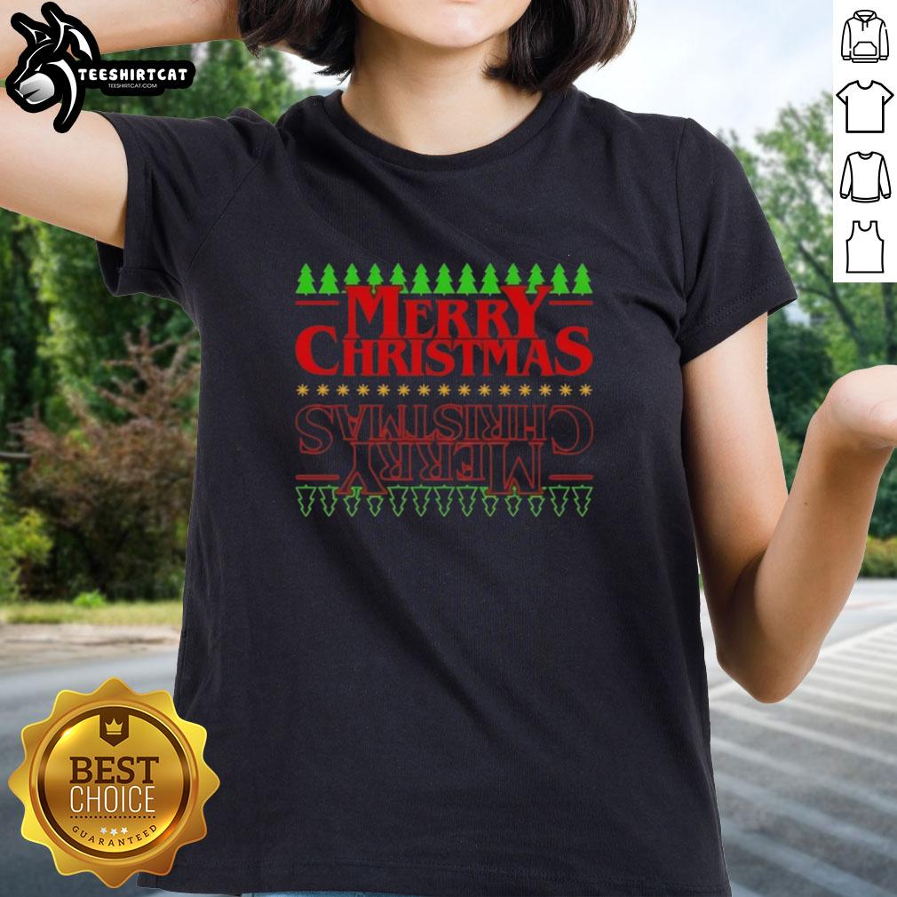 Pretty Merry Christmas Upside Down Christmas Ladies Tee featuring festive graphics and a stylish design for holiday cheer.