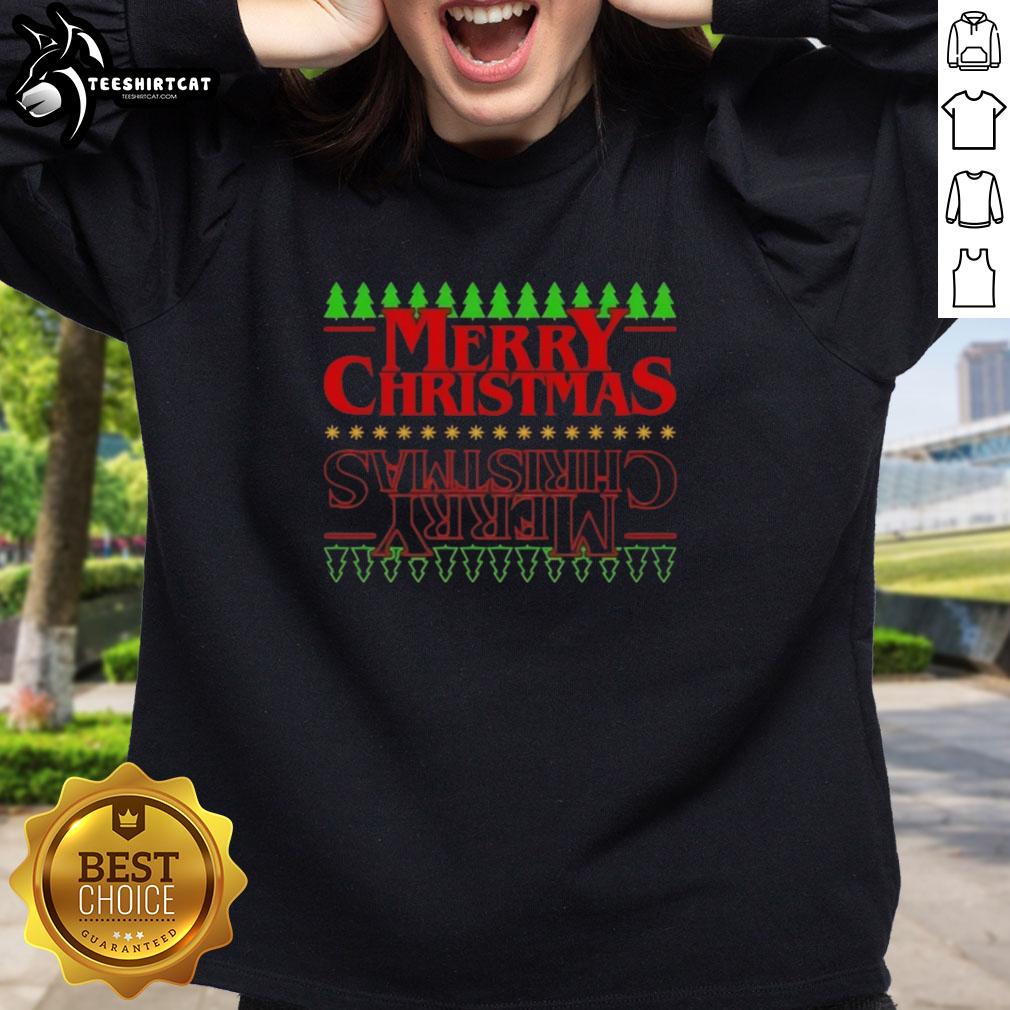Pretty Merry Christmas upside down sweatshirt featuring festive design, perfect for holiday celebrations and cozy wear.