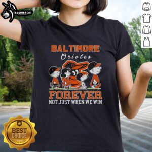 Pretty Snoopy and Charlie Brown Baltimore Orioles Baseball Forever tee for ladies, celebrating team spirit all season.