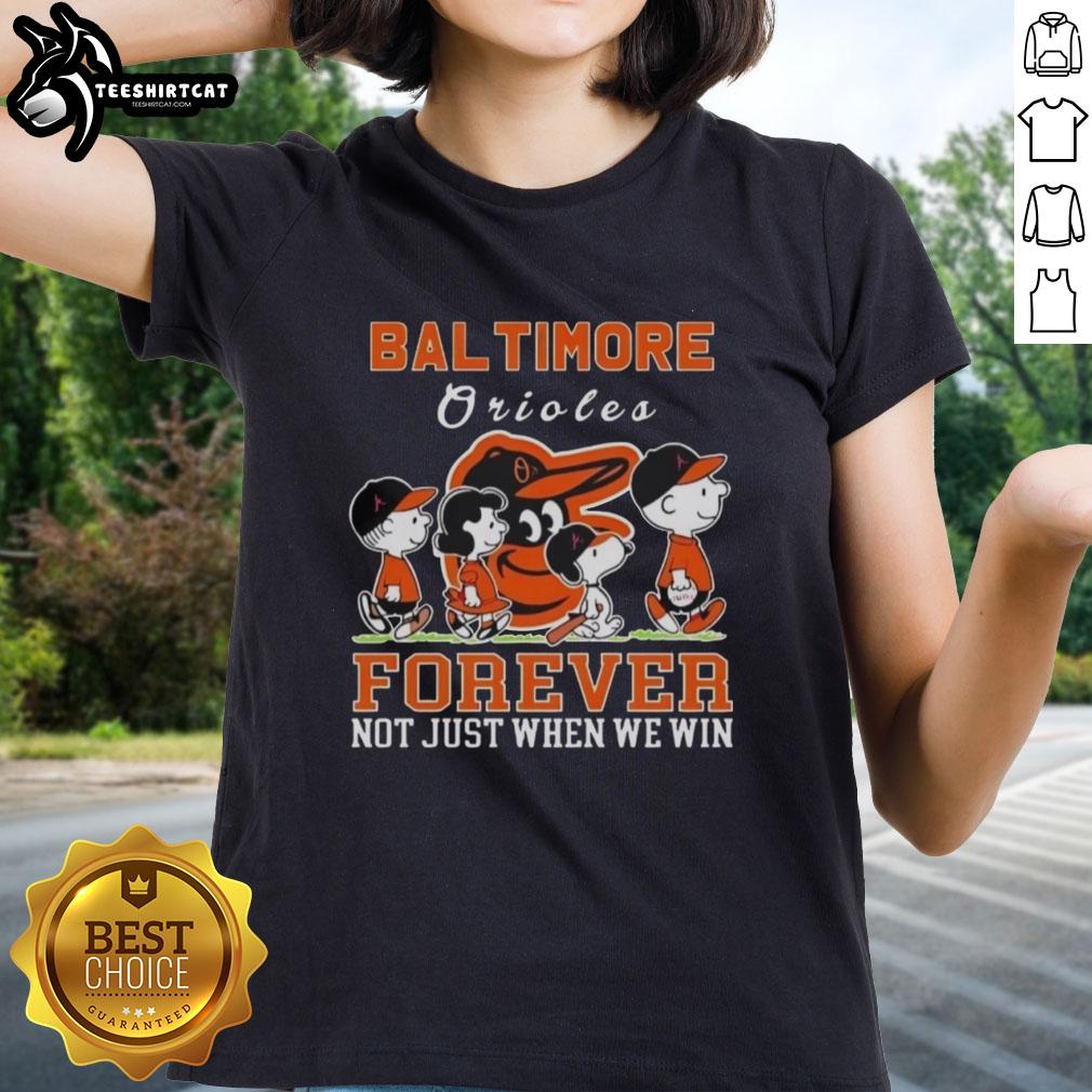 Pretty Snoopy and Charlie Brown Baltimore Orioles Baseball Forever tee for ladies, celebrating team spirit all season.