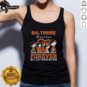 Pretty Snoopy and Charlie Brown Baltimore Orioles baseball tank top showcasing team spirit and love for the game.