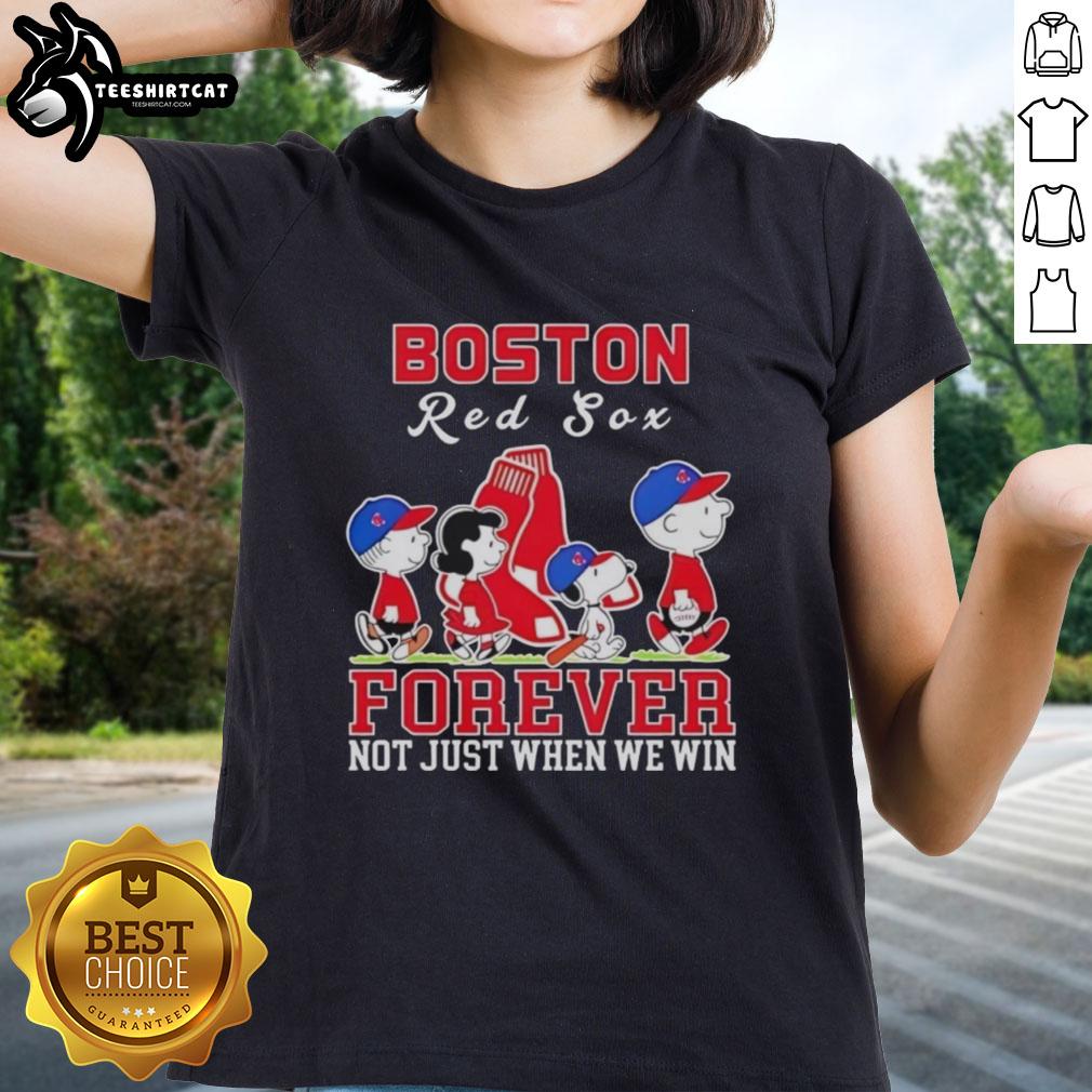 Pretty Snoopy and Charlie Brown Boston Red Sox baseball tee for ladies, celebrating fandom all year round.
