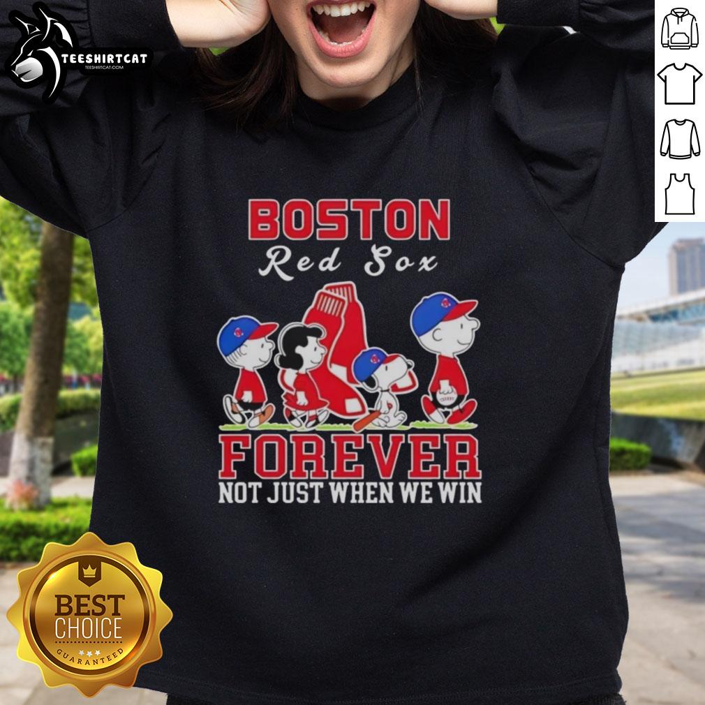 Alt Text: Snoopy and Charlie Brown in Boston Red Sox sweatshirt, celebrating baseball forever, not just when we win.