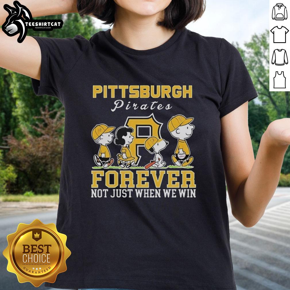 Pretty Snoopy and Charlie Brown graphic on a Pittsburgh Pirates baseball tee for ladies, celebrating fandom forever.
