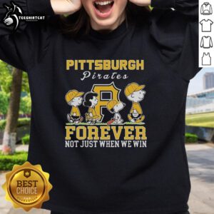 Alt Text: Cute Snoopy and Charlie Brown sweatshirt featuring Pittsburgh Pirates logo, perfect for baseball fans all year round.