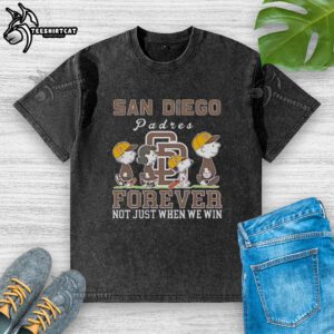 Pretty Snoopy and Charlie Brown San Diego Padres baseball t-shirt design: 'Forever, Not Just When We Win' in vibrant colors.