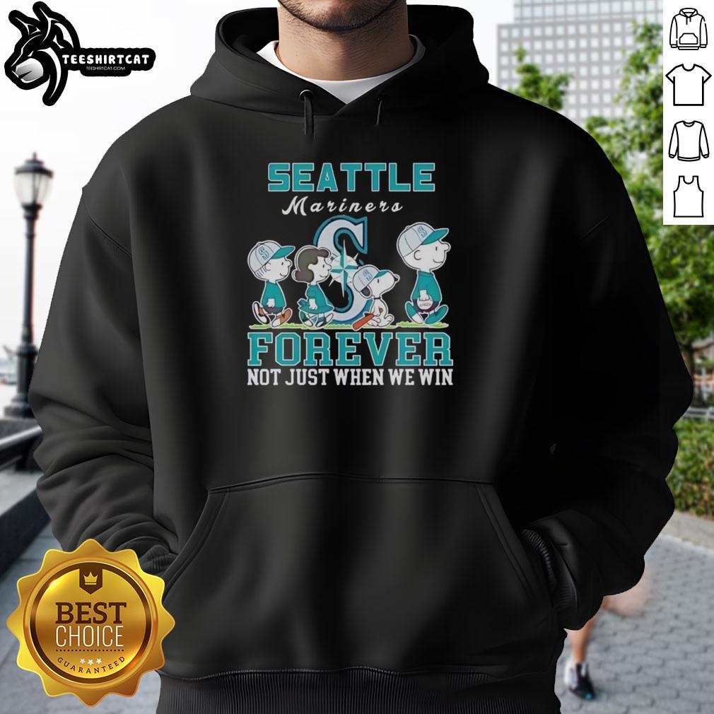 Pretty Snoopy and Charlie Brown hoodie celebrating Seattle Mariners baseball, 'Forever Not Just When We Win' design.
