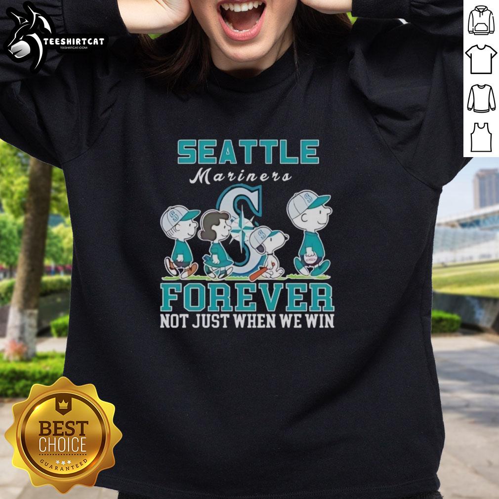 Alt Text: Pretty Snoopy and Charlie Brown Seattle Mariners baseball sweatshirt for fans who celebrate the love of the game.