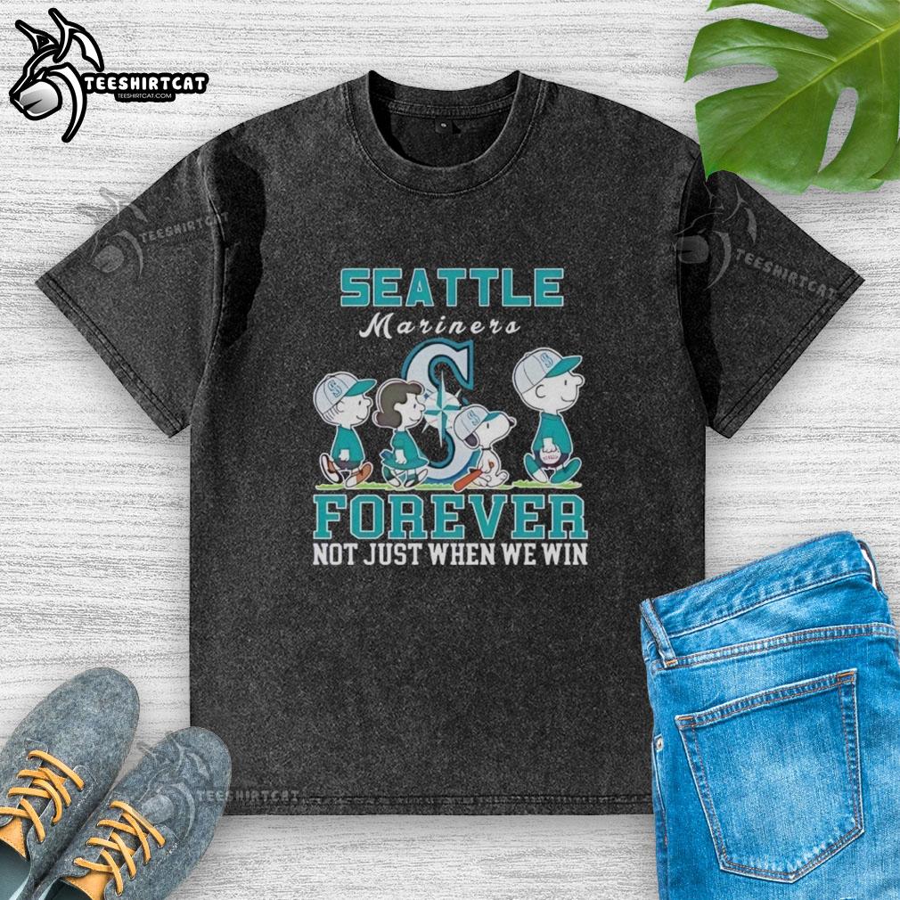 Pretty Snoopy and Charlie Brown Seattle Mariners Baseball Forever graphic on a stylish t-shirt for fans of all ages.