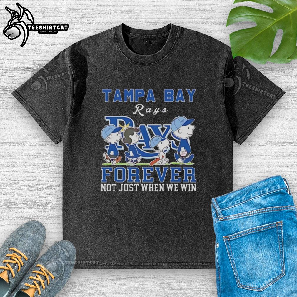 Alt Text: Pretty Snoopy and Charlie Brown Tampa Bay Rays Forever t-shirt showcasing team spirit for all seasons.