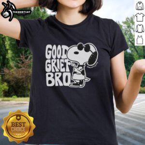 Alt Text: Pretty Snoopy Good Grief Bro graphic ladies tee featuring a colorful Snoopy design on a stylish shirt.