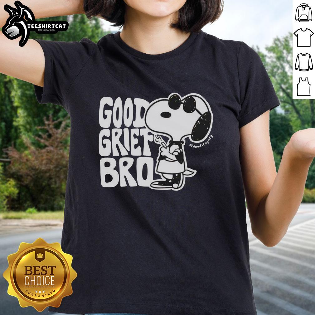 Alt Text: Pretty Snoopy Good Grief Bro graphic ladies tee featuring a colorful Snoopy design on a stylish shirt.