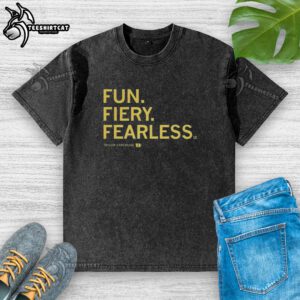 Pretty Taylor Stremlow wearing Iowa Hawkeyes Basketball Fun Fiery Fearless Washed T-Shirt, showcasing team spirit.