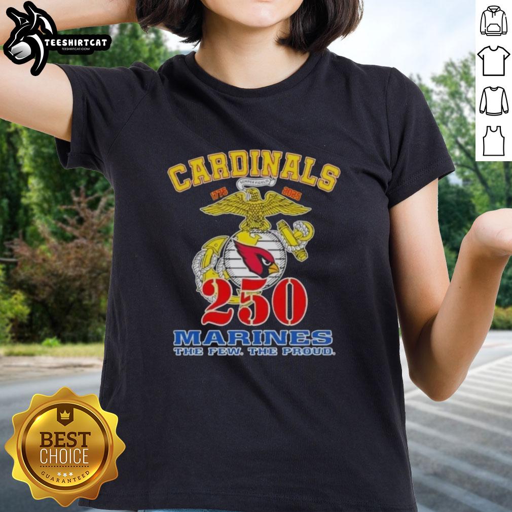 Alt Text: Arizona Cardinals x U.S.M.C. 250th Birthday Celebration ladies' tee showcasing team spirit and military pride.