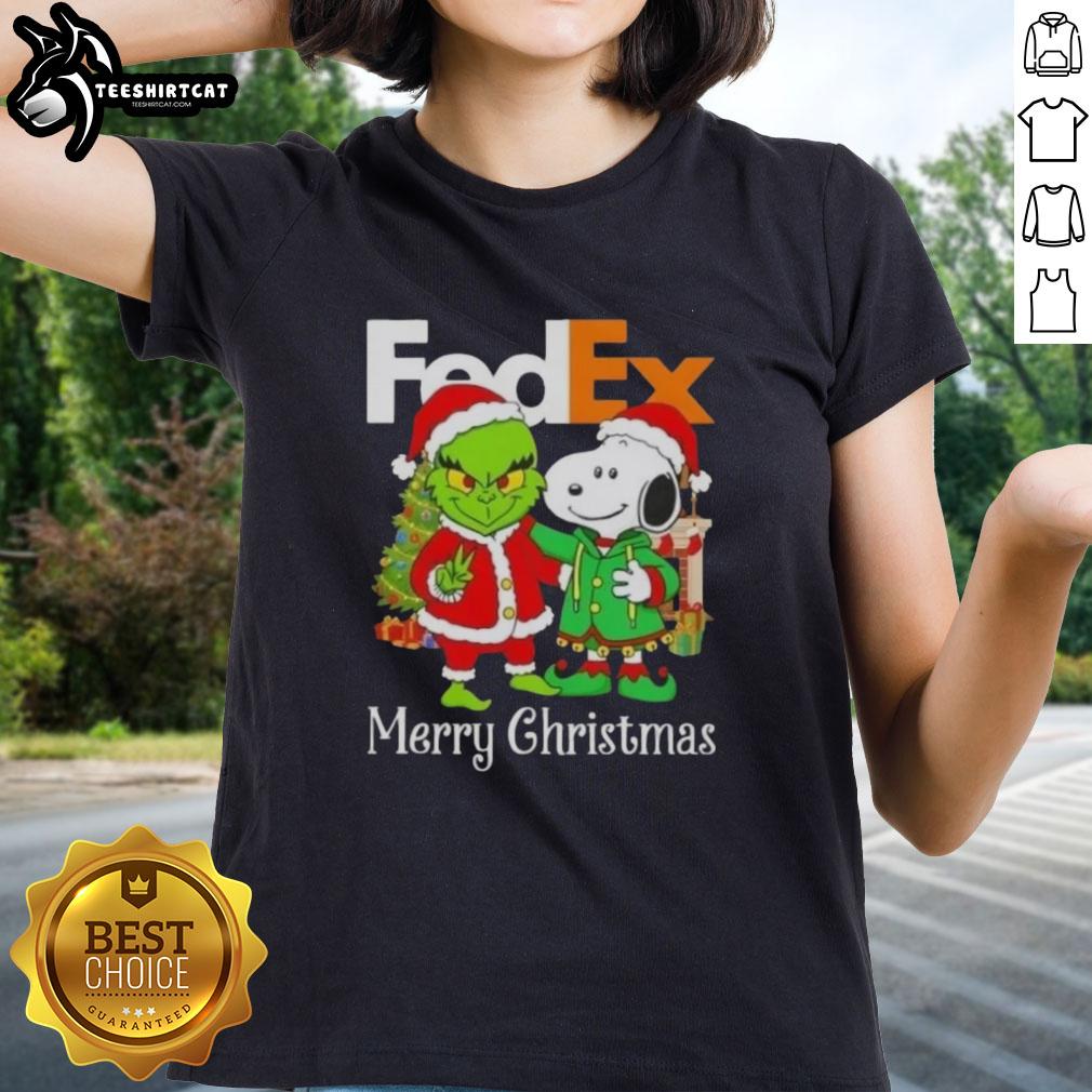 Top FedEx x Grinch and Snoopy Merry Christmas ladies tee featuring festive graphics and playful design for the holiday season.
