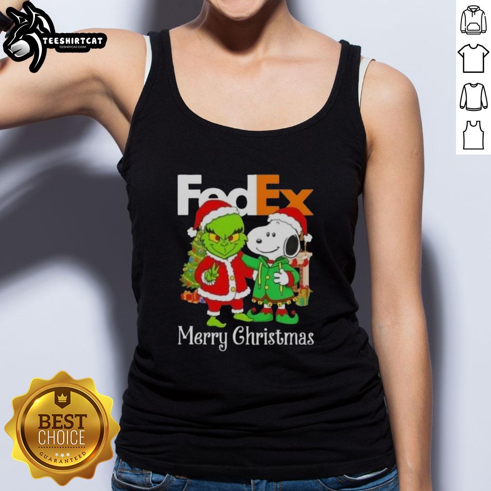 Alt Text: Top FedEx x Grinch and Snoopy Merry Christmas tank top featuring festive designs for holiday celebrations.