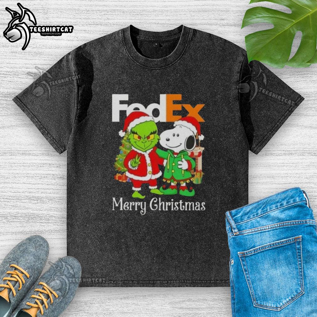 Top FedEx x Grinch and Snoopy Merry Christmas washed t-shirt featuring festive graphics for holiday cheer.
