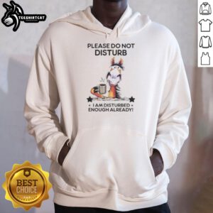 Alt Text: Top Horse Please Do Not Disturb I Am Disturbed Enough Already hoodie design featuring a humorous horse graphic.