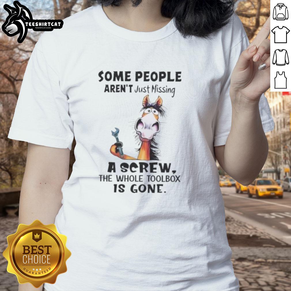 Funny ladies' tee featuring a horse design and the phrase about missing a toolbox, perfect for horse lovers.