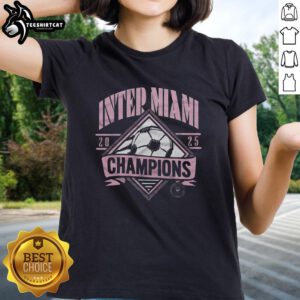 2025 Inter Miami CF MLS Cup Champions ladies tee featuring team logo and vibrant design for fans and supporters.