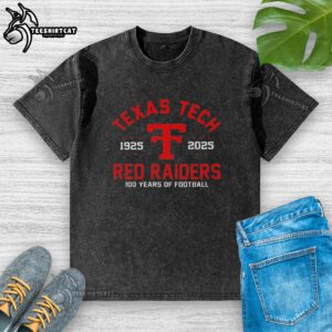 Top Jacob Rodriguez Texas Tech 100 Years of Football 1925-2025 washed t-shirt featuring vintage design and school colors.
