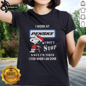 Top Snoopy I Work At Penske Corporation Christmas Ladies Tee featuring Snoopy and motivational text, perfect for holiday gifting.