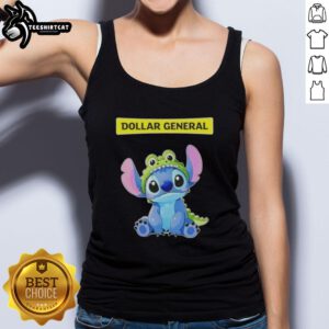 Cosplayer wearing a Dollar General tank top featuring a Top Stitch Crocodile design at a comic convention.