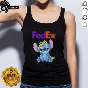 Top Stitch cosplay of a crocodile wearing a FedEx tank top, showcasing vibrant colors and detailed costume design.